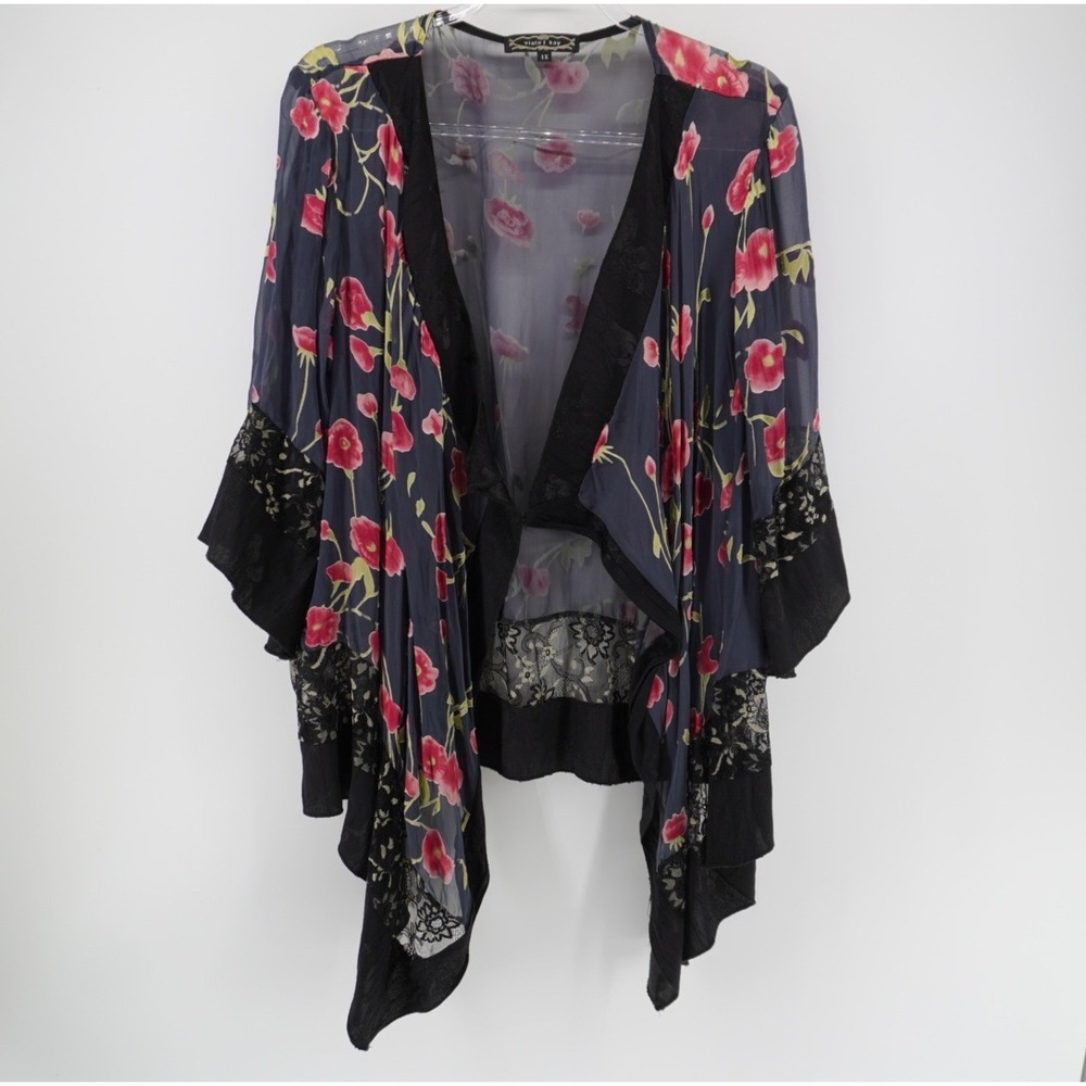Violet Kay Silk Blend Floral Kimono Cardigan Lace Trim 1X USA Dark Cottagecore